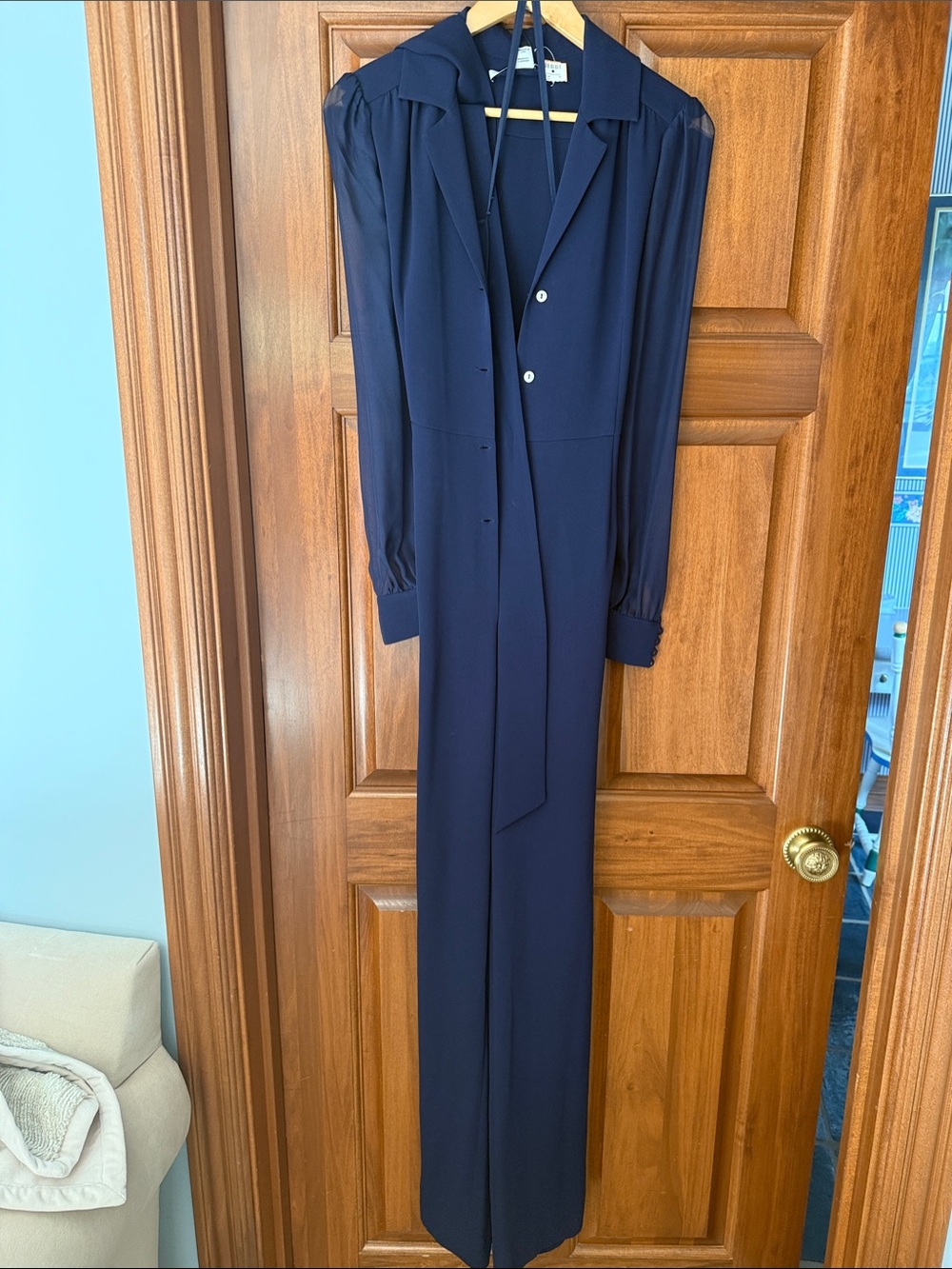 NWT Diane Von Furstenberg Navy Long-Sleeve Jumpsuit w detachable tie belt